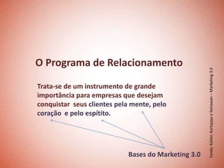 O Programa de Relacionamento




                                                     Fonte: Kotler, Kartajaya e Setiawan – Marketing 3.0
Trata-se de um instrumento de grande
importância para empresas que desejam
conquistar seus clientes pela mente, pelo
coração e pelo espítito.




                            Bases do Marketing 3.0
 
