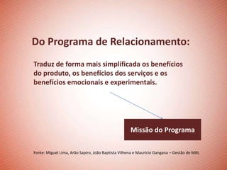 Do Programa de Relacionamento:
Traduz de forma mais simplificada os benefícios
do produto, os benefícios dos serviços e os
benefícios emocionais e experimentais.




                                                    Missão do Programa

Fonte: Miguel Lima, Arão Sapiro, João Baptista Vilhena e Maurício Gangana – Gestão de MKt.
 