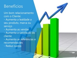 Benefícios
Um bom relacionamento
com o Cliente:
- Aumenta a lealdade a
seu produto, marca ou
serviço
- Aumenta as vendas
- Aumenta a satisfação do
cliente
- Aumenta as referências e
recomendações
- Reduz custos
 