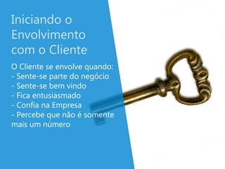 Iniciando o
Envolvimento
com o Cliente
O Cliente se envolve quando:
- Sente-se parte do negócio
- Sente-se bem vindo
- Fica entusiasmado
- Confia na Empresa
- Percebe que não é somente
mais um número
 