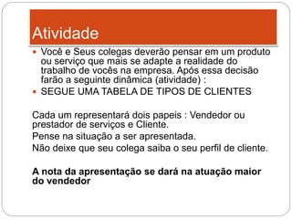  Você e Seus colegas deverão pensar em um produto
ou serviço que mais se adapte a realidade do
trabalho de vocês na empresa. Após essa decisão
farão a seguinte dinâmica (atividade) :
 SEGUE UMA TABELA DE TIPOS DE CLIENTES
Cada um representará dois papeis : Vendedor ou
prestador de serviços e Cliente.
Pense na situação a ser apresentada.
Não deixe que seu colega saiba o seu perfil de cliente.
A nota da apresentação se dará na atuação maior
do vendedor
Atividade
 