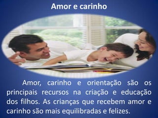 Amor e carinho	Amor, carinho e orientação são os principais recursos na criação e educação dos filhos. As crianças que recebem amor e carinho são mais equilibradas e felizes.