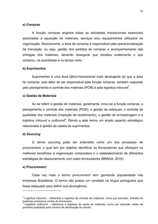 12
a) Compras
A função compras engloba todas as atividades transacionais essenciais
associadas à aquisição de materiais, serviços e/ou equipamentos utilizados na
organização. Basicamente, a área de compras é responsável pela operacionalização
da transação, ou seja, gestão dos pedidos de compras e acompanhamento das
entregas dos materiais, devendo assegurar que recebeu exatamente o que
comprou, na quantidade e no tempo certo.
b) Suprimentos
Suprimentos é uma área tático-transacional mais abrangente do que a área
de compras, pois além de ser responsável pela função compras, também responde
pelo planejamento e controle dos materiais (PCM) e pela logística inbound2
.
c) Gestão de Materiais
Ao se referir à gestão de materiais, geralmente, inclui-se a função compras, o
planejamento e controle dos materiais (PCM), a gestão de estoques, o controle da
qualidade dos materiais (inspeção de recebimento), a gestão de armazenagem e a
logística inbound e outbound3
. Dando a este termo um amplo aspecto estratégico
relacionado à gestão da cadeia de suprimentos.
d) Sourcing
O termo sourcing pode ser entendido como um dos processos de
procurement, o qual tem por objetivo identificar os fornecedores que ofereçam os
melhores benefícios à organização compradora e o estabelecimento de diferentes
estratégias de relacionamento com estes fornecedores (BRAGA, 2010).
e) Procurement
Cada vez mais o termo procurement vem ganhando popularidade nas
empresas Brasileiras. O termo não possui um correlato na língua portuguesa que
fosse adequado para definir sua abrangência.
2
Logística inbound – referencia a logística de entrada de materiais, como por exemplo, entrada de
materiais produtivos vindos do fornecedor.
3
Logística outbound – referencia a logística de saída de materiais, como por exemplo, saída de
produtos acabados para centros de distribuição do cliente.
 
