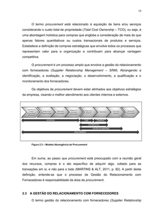 13
O termo procurement está relacionado à aquisição de bens e/ou serviços
considerando o custo total de propriedade (Total Cost Ownership – TCO), ou seja, é
uma abordagem holística para compras que engloba a consideração de mais do que
apenas fatores quantitativos ou custos transacionais de produtos e serviços.
Estabelece a definição de compras estratégicas que envolve todos os processos que
representam valor para a organização e contribuem para alcançar vantagem
competitiva.
O procurement é um processo amplo que envolve a gestão do relacionamento
com fornecedores (Supplier Relationship Management – SRM). Abrangendo a
identificação, a avaliação, a negociação, o desenvolvimento, a qualificação e o
monitoramento dos fornecedores.
Os objetivos de procurement devem estar alinhados aos objetivos estratégios
da empresa, visando o melhor atendimento aos clientes internos e externos.
Figura 2.3 – Modelo Abrangência de Procurement
Em suma, ao passo que procurement está preocupado com a reunião geral
dos recursos, compras é o ato específico de adquirir algo, voltado para as
transações em si, e não para o todo (MARTINS & ALT, 2011, p. 82). A partir desta
definição, entende-se que o processo de Gestão do Relacionamento com
Fornecedores é responsabilidade da área de procurement.
2.3 A GESTÃO DO RELACIONAMENTO COM FORNECEDORES
O termo gestão do relacionamento com fornecedores (Supplier Relationship
 