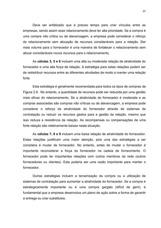 37
Deve ser enfatizado que é preciso tempo para criar vínculos entre as
empresas, sendo assim esse relacionamento deve ter alta prioridade. Se a compra é
uma compra não crítica ou de alavancagem, a empresa pode considerar o reforço
do relacionamento sem alocação de recursos consideráveis para a relação. Dar
mais volume para o fornecedor é uma maneira de fortalecer o relacionamento sem
alocar consideráveis novos recursos para o relacionamento.
As células 3, 5 e 6 incluem uma alta ou moderada relação de atratividade do
fornecedor e uma alta força de relação. A estratégia para estas relações podem ser
de redistribuir recursos entre as diferentes atividades de modo a manter uma relação
forte.
Esta estratégia é geralmente recomendada para todos os tipos de compras da
Figura 2.9. No entanto, a quantidade de recursos pode ser reduzida por uma gestão
mais eficaz do relacionamento. Se a atratividade do fornecedor é moderada e as
compras associadas são compras não críticas ou de alavancagem, a empresa pode
considerar o reforço da atratividade do fornecedor através de sistemas de
contratação ou reduzir os recursos gastos para a gestão da relação, mesmo que
isso reduza a resistência da relação. As recompensas ou compensações de uma
forte relação são relativamente baixas nesta situação.
As células 7, 8 e 9 incluem uma baixa relação de atratividade do fornecedor.
Estas relações justificam uma maior atenção, pois uma das estratégias a ser
considera é mudar de fornecedor. No entanto, antes de mudar o fornecedor é
importante reconsiderar a força do fornecedor na cadeia de fornecimento. O
fornecedor pode ter importantes relações com outros membros da rede (outros
fornecedores ou clientes). Esta poderia ser uma razão importante para manter o
fornecedor.
Outras estratégias incluem a terceirização da compra ou a utilização de
sistemas de contratação para aumentar a atratividade do fornecedor. Se a compra é
estrategicamente importante ou é uma compra gargalo (difícil de gerir), é
fundamental que a empresa desenvolva um plano de ação sobre a forma de garantir
a entrega ou criar substitutos.
 