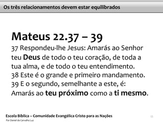 Os três relacionamentos devem estar equilibrados




    Mateus 22.37 – 39
    37 Respondeu-lhe Jesus: Amarás ao Senhor
    teu Deus de todo o teu coração, de toda a
    tua alma, e de todo o teu entendimento.
    38 Este é o grande e primeiro mandamento.
    39 E o segundo, semelhante a este, é:
    Amarás ao teu próximo como a ti mesmo.

Escola Bíblica – Comunidade Evangélica Cristo para as Nações   11
Por Daniel de Carvalho Luz
 