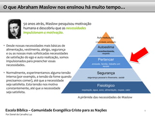 O que Abraham Maslow nos ensinou há muito tempo…


                  50 anos atrás, Maslow pesquisou motivação
                  humana e descobriu que as necessidades
                  impulsionam a motivação.
                                                                    Auto-realização
                                                                   criatividade, satisfação
 Desde nossas necessidades mais básicas de                          Autoestima
  alimentação, vestimenta, abrigo, segurança                         reconhecimento,
  e ou as nossas mais sofisticadas necessidades                          respeito
  de satisfação do ego e auto realização, somos
  impulsionados para preencher essas                                 Pertencer
                                                               amizade, família, trabalho em
  necessidades.                                                           equipe


 Normalmente, experimentamos alguma tensão                         Segurança
  interna (por exemplo, a tensão da fome quando           segurança pessoal e financeira, saúde
  precisamos comer), até que a necessidade
  seja satisfeita. Esta tensão nos motiva                            Fisiológico
  constantemente, até que a necessidade              respiração, água, sono, alimentação, roupas, calor
  seja satisfeita.
                                                  A pirâmide das necessidades de Maslow



 Escola Bíblica – Comunidade Evangélica Cristo para as Nações                                             4
 Por Daniel de Carvalho Luz
 
