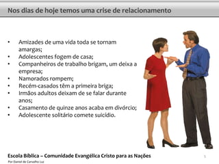 Nos dias de hoje temos uma crise de relacionamento



•      Amizades de uma vida toda se tornam
       amargas;
•      Adolescentes fogem de casa;
•      Companheiros de trabalho brigam, um deixa a
       empresa;
•      Namorados rompem;
•      Recém-casados têm a primeira briga;
•      Irmãos adultos deixam de se falar durante
       anos;
•      Casamento de quinze anos acaba em divórcio;
•      Adolescente solitário comete suicídio.




Escola Bíblica – Comunidade Evangélica Cristo para as Nações   5
Por Daniel de Carvalho Luz
 