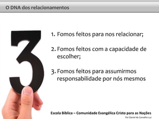 O DNA dos relacionamentos




                 1. Fomos feitos para nos relacionar;

                 2. Fomos feitos com a capacidade de
                    escolher;

                 3. Fomos feitos para assumirmos
                    responsabilidade por nós mesmos




                 Escola Bíblica – Comunidade Evangélica Cristo para as Nações
                                                                           8
                                                             Por Daniel de Carvalho Luz
 