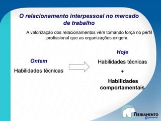 O relacionamento interpessoal no mercado
de trabalho
A valorização dos relacionamentos vêm tomando força no perfil
profissional que as organizações exigem.
Hoje
Habilidades técnicas
+
Habilidades
comportamentais
Ontem
Habilidades técnicas
 
