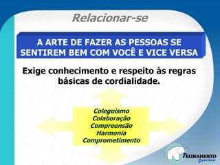 Exige conhecimento e respeito às regras
básicas de cordialidade.
A ARTE DE FAZER AS PESSOAS SE
SENTIREM BEM COM VOCÊ E VICE VERSA
Coleguismo
Colaboração
Compreensão
Harmonia
Comprometimento
Relacionar-se
 