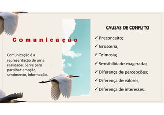 Comunicação é a
representação de uma
realidade. Serve para
partilhar emoção,
sentimento, informação.
CAUSAS DE CONFLITO
 Preconceito;
 Grosseria;
 Teimosia;
 Sensibilidade exagerada;
 Diferença de percepções;
 Diferença de valores;
 Diferença de interesses.
C o m u n i c a ç ã o
 