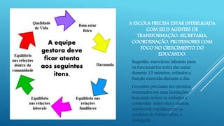 A ESCOLA PRECISA ESTAR INTERLIGADA
COM SEUS AGENTES DE
TRANSFORMAÇÃO: SECRETARIA,
COORDENAÇÃO, PROFESSORES COM
FOCO NO CRESCIMENTO DO
EDUCANDO.
Sugestão: exercícios laborais para
os funcionários antes das aulas
durante 15 minutos, voltados a
função exercida durante o dia.
Docentes precisam ser ouvidos,
orientados em suas limitações
buscando evitar os embates e
contendas entre eles e alunos,
resolvendo rapidamente os
conflitos de forma calma e
dialogada.
A equipe
gestora deve
ficar atenta
aos seguintes
itens.
 
