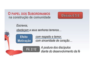 Escravos,
obedeçam a seus senhores terrenos…
Efeito
Motivação
O PAPEL DOS SUBORDINAMOS
na construção de comunidade
com respeito e temor,
com sinceridade de coração…
Fil. 2:12
A postura dos discípulos
diante do desenvolvimento da fé
 