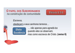 Escravos,
obedeçam a seus senhores terrenos…
Efeito
Excelência
O PAPEL DOS SUBORDINAMOS
na construção de comunidade
… não apenas para agradá-los
quando eles os observam,
mas como escravos de Cristo. (verso 6)
 