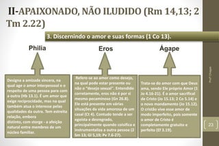 II-APAIXONADO, NÃO ILUDIDO (Rm 14,13; 2
Tm 2.22)
23
3. Discernindo o amor e suas formas (1 Co 13).
Profº.Chagas
Designa a amizade sincera, na
qual age o amor interpessoal e o
respeito de uma pessoa para com
a outra (Hb 13.1). É um amor que
exige reciprocidade, mas na qual
também atua o interesse pelas
qualidades da outra. Tem estreita
relação, embora
distinto, com storge - a afeição
natural entre membros de um
núcleo familiar.
Refere-se ao amor como desejo,
na qual pode estar presente ou
não o “desejo sexual". Entendido
corretamente, eros não é por si
mesmo pecaminoso (Gn 26.8).
Ele está presente em várias
situações da vida amorosa de um
casal (Ct 4). Contudo tende a ser
egoísta e desregrado,
principalmente quando coisifica e
instrumentaliza a outra pessoa (2
Sm 13; Gl 5,19; Pv 7.6-27).
Trata-se do amor com que Deus
ama, sendo Ele próprio Amor (1
Jo 4.16-21). É o amor sacrifical
de Cristo (Jo 15.13; 2 Co 5.14) e
o novo mandamento (Jo 15.12).
O cristão vive esse amor de
modo imperfeito, pois somente
o amor de Cristo é
completamente gratuito e
perfeito (Ef 3.19).
Philia Eros Ágape
 