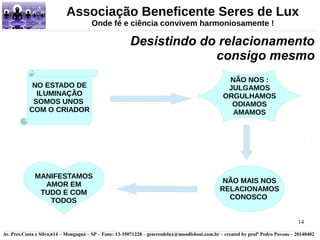 Associação Beneficente Seres de Lux 
Desistindo do relacionamento 
consigo mesmo 
14 
Onde fé e ciência convivem harmoniosamente ! 
NÃO NOS : 
JULGAMOS 
ORGULHAMOS 
ODIAMOS 
AMAMOS 
NO ESTADO DE 
ILUMINAÇÃO 
SOMOS UNOS 
COM O CRIADOR 
NÃO MAIS NOS 
RELACIONAMOS 
CONOSCO 
MANIFESTAMOS 
AMOR EM 
TUDO E COM 
TODOS 
Av. Pres.Costa e Silva,614 – Mongaguá – SP – Fone: 13-35071228 – geseresdelux@moodlehost.com.br – created by profº Pedro Povoas – 20140402 

