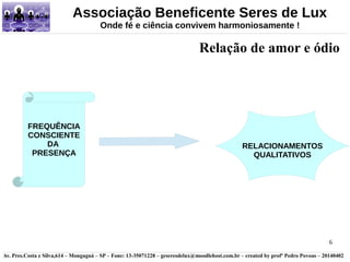 Relação de amor e ódio 
6 
Associação Beneficente Seres de Lux 
Onde fé e ciência convivem harmoniosamente ! 
FREQUÊNCIA 
CONSCIENTE 
DA 
PRESENÇA 
RELACIONAMENTOS 
QUALITATIVOS 
Av. Pres.Costa e Silva,614 – Mongaguá – SP – Fone: 13-35071228 – geseresdelux@moodlehost.com.br – created by profº Pedro Povoas – 20140402 
 
