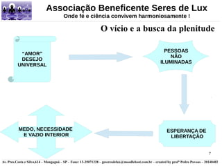 O vício e a busca da plenitude 
7 
Associação Beneficente Seres de Lux 
Onde fé e ciência convivem harmoniosamente ! 
“AMOR” 
DESEJO 
UNIVERSAL 
MEDO, NECESSIDADE 
E VAZIO INTERIOR 
PESSOAS 
NÃO 
ILUMINADAS 
ESPERANÇA DE 
LIBERTAÇÃO 
Av. Pres.Costa e Silva,614 – Mongaguá – SP – Fone: 13-35071228 – geseresdelux@moodlehost.com.br – created by profº Pedro Povoas – 20140402 
 