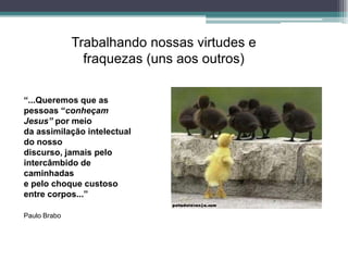 Trabalhando nossas virtudes e
                fraquezas (uns aos outros)

“...Queremos que as
pessoas “conheçam
Jesus” por meio
da assimilação intelectual
do nosso
discurso, jamais pelo
intercâmbido de
caminhadas
e pelo choque custoso
entre corpos...”

Paulo Brabo
 