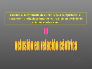 Cuando el movimiento de cierre llega a completarse, el
masetero y pterigoideo interno entran en un periodo de
máxima contracción
 
