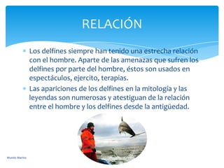 Los delfines siempre han tenido una estrecha relación
con el hombre. Aparte de las amenazas que sufren los
delfines por parte del hombre, éstos son usados en
espectáculos, ejercito, terapias.
Las apariciones de los delfines en la mitología y las
leyendas son numerosas y atestiguan de la relación
entre el hombre y los delfines desde la antigüedad.
RELACIÓN
Mundo Marino
 