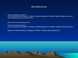 REFERENCIASREFERENCIAS
• https://www.google.com/search?
q=EL+COMPORTAMIENTO&rlz=1C1CHBD_esCO838CO838&oq=EL+COMPORTAMIENTO&aqs=chrome..69i5
7j0l5.6149j0j9&sourceid=chrome&ie=UTF-8
•
http://crimina.es/crimipedia/topics/310/
• https://www.google.com/search?
q=comportamiento+antisocial&rlz=1C1CHBD_esCO838CO838&source=lnms&tbm=isch&sa=X&ved=0ahUKEwia
2NaGjcTiAhVooFkKHfUPDtEQ_AUIDigB&biw=1596&bih=719#imgrc=BvtDCZzwMa7prM:
 