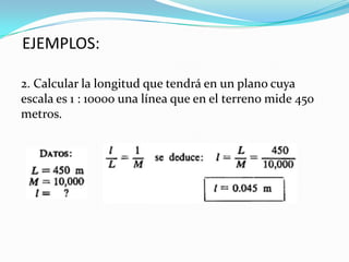2. Calcular la longitud que tendrá en un plano cuya
escala es 1 : 10000 una línea que en el terreno mide 450
metros.
EJEMPLOS:
 