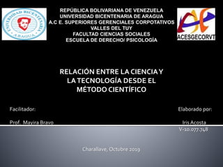 REPÚBLICA BOLIVARIANA DE VENEZUELA
UNIVERSIDAD BICENTENARIA DE ARAGUA
A.C E. SUPERIORES GERENCIALES CORPOTATIVOS
VALLES DEL TUY
FACULTAD CIENCIAS SOCIALES
ESCUELA DE DERECHO/ PSICOLOGÍA
Facilitador: Elaborado por:
Prof. Mayira Bravo Iris Acosta
V-10.077.748
Charallave, Octubre 2019
RELACIÓN ENTRE LA CIENCIAY
LATECNOLOGÍA DESDE EL
MÉTODO CIENTÍFICO
 
