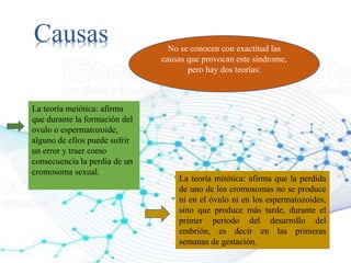 Causas
La teoría meiótica: afirma
que durante la formación del
ovulo o espermatozoide,
alguno de ellos puede sufrir
un error y traer como
consecuencia la perdía de un
cromosoma sexual.
La teoría mitótica: afirma que la perdida
de uno de los cromosomas no se produce
ni en el óvulo ni en los espermatozoides,
sino que produce más tarde, durante el
primer periodo del desarrollo del
embrión, es decir en las primeras
semanas de gestación.
No se conocen con exactitud las
causas que provocan este síndrome,
pero hay dos teorías:
 