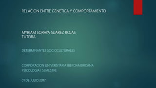 RELACION ENTRE GENETICA Y COMPORTAMIENTO
MYRIAM SORAYA SUAREZ ROJAS
TUTORA
DETERMINANTES SOCIOCULTURALES
CORPORACION UNIVERSITARIA IBEROAMERICANA
PSICOLOGIA I SEMESTRE
01 DE JULIO 2017
 