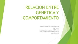 RELACION ENTRE
GENETICA Y
COMPORTAMIENTO
JULIO ANDRES CAMELO PATIÑO
BIOLOGIA
UNIVERSIDAD IBEROAMERICANA
JULIO -2017
 