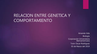 RELACION ENTRE GENETICA Y
COMPORTAMIENTO
Amanda Vela
Biología
Corporación Universitaria
Iberoamericana
Tutor Oscar Rodríguez
03 de Marzo del 2019
 