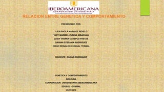 RELACION ENTRE GENETICA Y COMPORTAMIENTO
PRESENTADO POR:
LILIA PAOLA NARVAEZ REVELO
YARY MARIBEL ZUÑIGA IMBACUAN
LEIDY VIVIANA CUASPUD PASTAS
DAYANA STEFANIA RODRIGUEZ
DIEGO REINALDO CHINGAL TERMAL
DOCENTE: OSCAR RODRIGUEZ
GENETICA Y COMPORTAMIENTO
BIOLOGIA
CORPORACION UNIVERSITARIA IBEROAMERICANA
EDUPOL –CUMBAL
29/11/2019
 