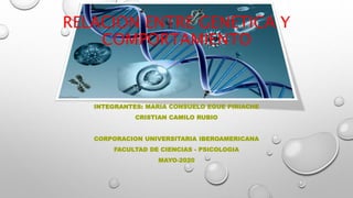 RELACION ENTRE GENETICA Y
COMPORTAMIENTO
INTEGRANTES: MARIA CONSUELO EGUE PIRIACHE
CRISTIAN CAMILO RUBIO
CORPORACION UNIVERSITARIA IBEROAMERICANA
FACULTAD DE CIENCIAS - PSICOLOGIA
MAYO-2020
 