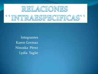 RELACIONES  ``INTRAESPECIFICAS`` Integrantes  Karen Gormaz Ninoska  Pérez Lydia  Yagüe 
