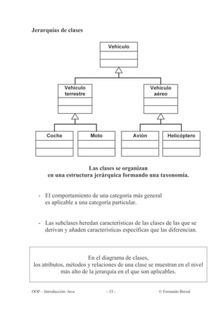 Jerarquías de clases




                        Las clases se organizan
        en una estructura jerárquica formando una taxonomía.


   - El comportamiento de una categoría más general
     es aplicable a una categoría particular.


   - Las subclases heredan características de las clases de las que se
     derivan y añaden características específicas que las diferencian.



                       En el diagrama de clases,
los atributos, métodos y relaciones de una clase se muestran en el nivel
            más alto de la jerarquía en el que son aplicables.


OOP – Introducción: Java       - 33 -                © Fernando Berzal
 
