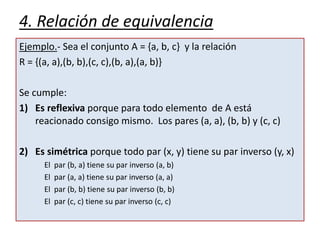 4. Relación de equivalencia
Ejemplo.- Sea el conjunto A = {a, b, c} y la relación
R = {(a, a),(b, b),(c, c),(b, a),(a, b)}
Se cumple:
1) Es reflexiva porque para todo elemento de A está
reacionado consigo mismo. Los pares (a, a), (b, b) y (c, c)
2) Es simétrica porque todo par (x, y) tiene su par inverso (y, x)
El par (b, a) tiene su par inverso (a, b)
El par (a, a) tiene su par inverso (a, a)
El par (b, b) tiene su par inverso (b, b)
El par (c, c) tiene su par inverso (c, c)
 