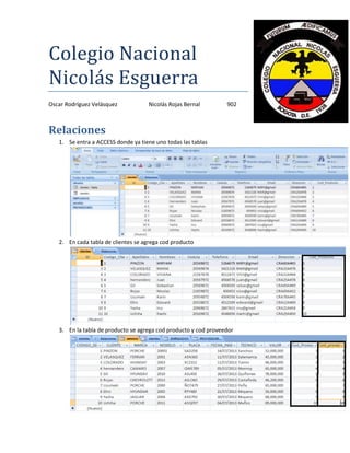 Colegio Nacional
Nicolás Esguerra
Oscar Rodríguez Velásquez Nicolás Rojas Bernal 902
Relaciones
1. Se entra a ACCESS donde ya tiene uno todas las tablas
2. En cada tabla de clientes se agrega cod producto
3. En la tabla de producto se agrega cod producto y cod proveedor
 