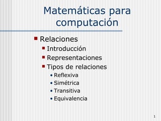 1
Matemáticas para
computación
 Relaciones
 Introducción
 Representaciones
 Tipos de relaciones
• Reflexiva
• Simétrica
• Transitiva
• Equivalencia
 