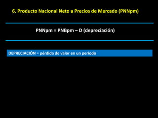 6. Producto Nacional Neto a Precios de Mercado (PNNpm)


              PNNpm = PNBpm – D (depreciación)



DEPRECIACIÓN = pérdida de valor en un periodo
 