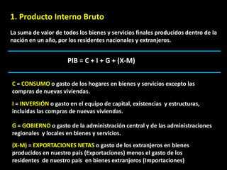 1. Producto Interno Bruto
La suma de valor de todos los bienes y servicios finales producidos dentro de la
nación en un año, por los residentes nacionales y extranjeros.


                      PIB = C + I + G + (X-M)


C = CONSUMO o gasto de los hogares en bienes y servicios excepto las
compras de nuevas viviendas.
I = INVERSIÓN o gasto en el equipo de capital, existencias y estructuras,
incluidas las compras de nuevas viviendas.

G = GOBIERNO o gasto de la administración central y de las administraciones
regionales y locales en bienes y servicios.
(X-M) = EXPORTACIONES NETAS o gasto de los extranjeros en bienes
producidos en nuestro país (Exportaciones) menos el gasto de los
residentes de nuestro país en bienes extranjeros (Importaciones)
 
