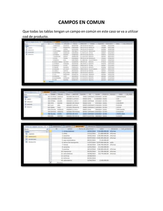 CAMPOS EN COMUN
Que todas las tablas tengan un campo en común en este caso se va a utilizar
cod de producto.