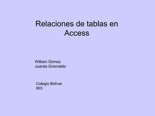 Relaciones de tablas en
Access
William Gómez
Juanita Grismaldo
Colegio Bolívar
903
 