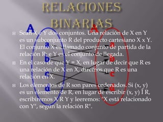    Sean X e Y dos conjuntos. Una relación de X en Y
    es un subconjunto R del producto cartesiano X x Y.
    El conjunto X es llamado conjunto de partida de la
    relación R; e Y es el conjunto de llegada.
   En el caso de que Y = X, en lugar de decir que R es
    una relación de X en X, diremos que R es una
    relación en X.
   Los elementos de R son pares ordenados. Si (x, y)
    es un elemento de R, en lugar de escribir (x, y) Î R,
    escribiremos X R Y y leeremos: "X está relacionado
    con Y", según la relación R".
 