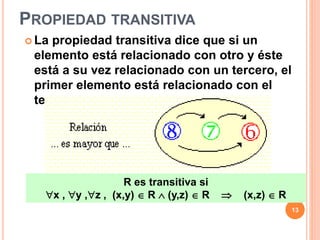 PROPIEDAD TRANSITIVA
 La propiedad transitiva dice que si un
elemento está relacionado con otro y éste
está a su vez relacionado con un tercero, el
primer elemento está relacionado con el
tercero.
R es transitiva si
x , y ,z , (x,y)  R  (y,z)  R  (x,z)  R
13
 