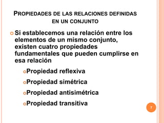 PROPIEDADES DE LAS RELACIONES DEFINIDAS
EN UN CONJUNTO
 Si establecemos una relación entre los
elementos de un mismo conjunto,
existen cuatro propiedades
fundamentales que pueden cumplirse en
esa relación
Propiedad reflexiva
Propiedad simétrica
Propiedad antisimétrica
Propiedad transitiva
7
 