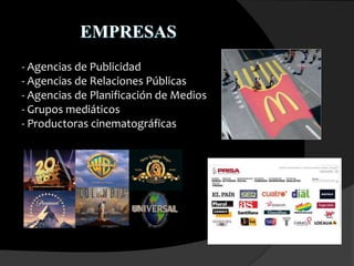 EMPRESAS
- Agencias de Publicidad
- Agencias de Relaciones Públicas
- Agencias de Planificación de Medios
- Grupos mediáticos
- Productoras cinematográficas
 