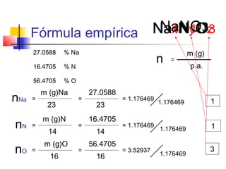 Fórmula empírica  NaNO33
                       NaxNyOz
                         1 1O
      27.0588    % Na                                       m (g)
      16.4705    %N
                                                 n   =
                                                            p.a.
      56.4705    %O
          m (g)Na         27.0588
nNa   =
           23
                      =
                           23
                                    = 1.176469
                                                 1.176469           1

          m (g)N          16.4705
nN    =
           14
                      =
                           14
                                    = 1.176469
                                                 1.176469           1

          m (g)O          56.4705
nO    =
            16
                      =
                           16
                                    = 3.52937
                                                 1.176469
                                                                    3
 