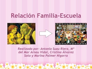 Relación Familia-Escuela Realizado por: Antonio Suau Riera, Mº del Mar Arnau Vidal, Cristina Álvarez Soto y Marina Palmer Nigorra 